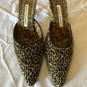 Vintage Manolo Blahnik Leopard-Print Pointed-Toe Mules in Brown and Black